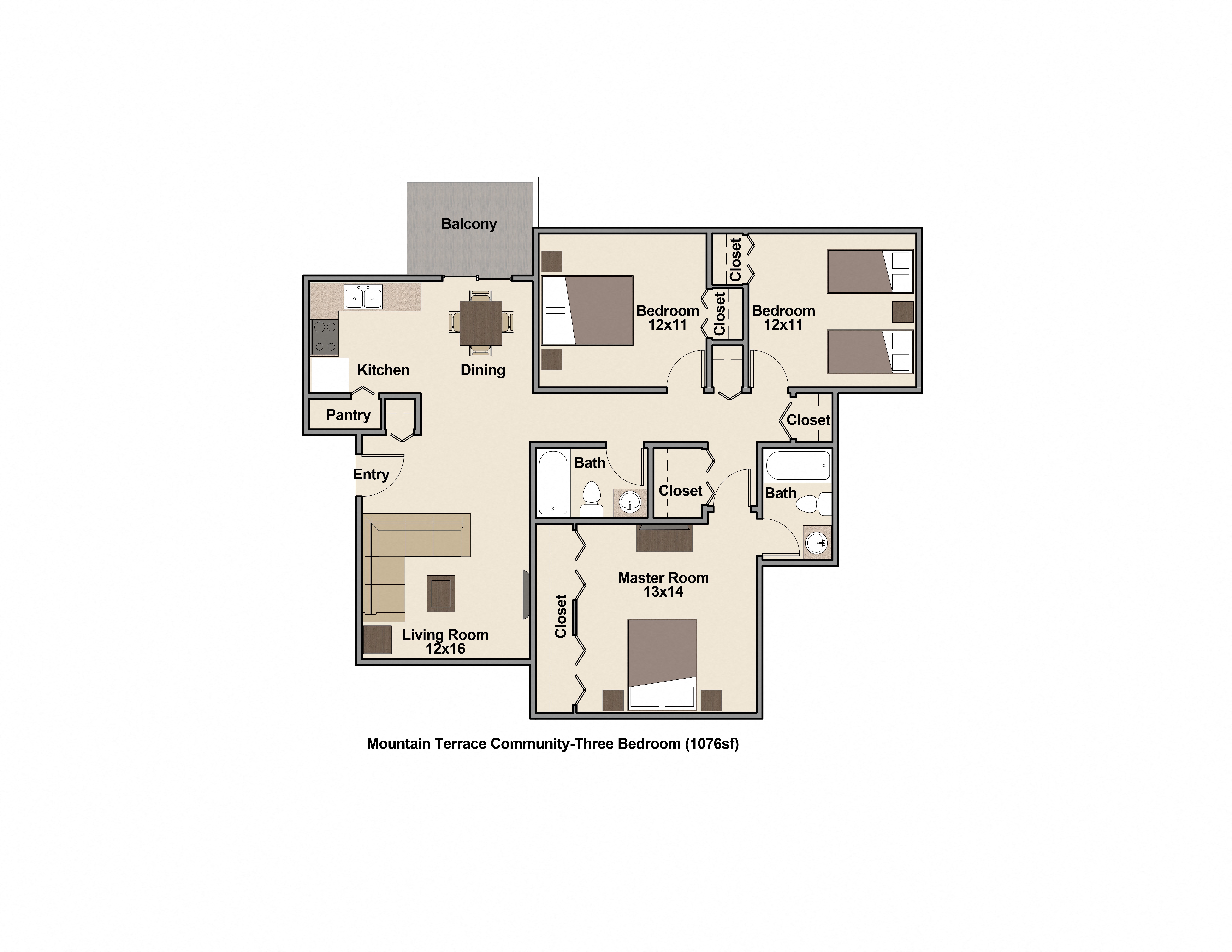 Three Bedroom Floor Plan at Mountain Terrace, Colorado